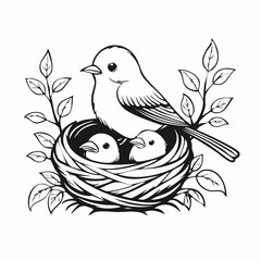A bird is sitting in a nest with baby birds image vector isolated on white background