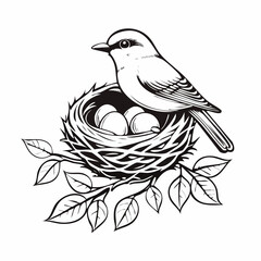Bird sitting on nest and looking around in the forest image vector isolated on white background.