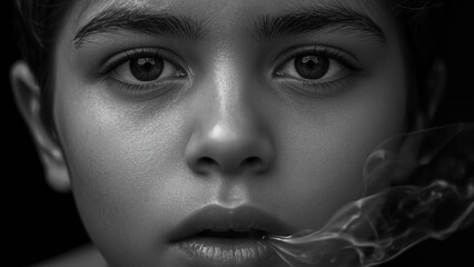 Close-up portrait of a thoughtful child with expressive eyes and soft smoke effect, ideal for emotional storytelling, mental health awareness, black and white artistic photography, dramatic mood, int