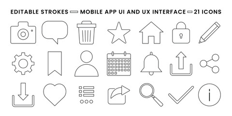 Collection of 21 essential mobile app ui and ux interface icons isolated on transparent background