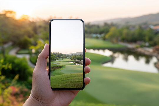 Hand holding smartphone taking photo of golf course at sunset - Powered by Adobe