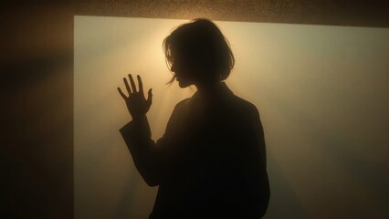 Silhouette of woman touching glass window during sunset for emotional mental health awareness, introspection backgrounds, loneliness themes, therapy blog, calming moody indoor lighting keywords