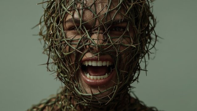 Man with face covered in thorny branches screaming, intense expression, horror concept, Halloween decoration, dark moody background, scary artistic portrait for spooky events and creative projects