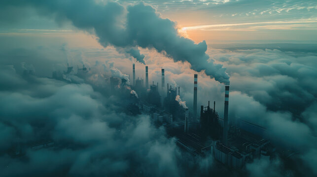 High-angle static shot: The camera captures a sprawling panorama of a coal-fired power plant․ An overcast sky, starkly illustrating the industrial magnitude.