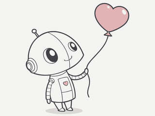 Adorable White Robot Holding Pink Heart Balloon with Friendly Expression on Light Grey Background