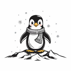 Winter Penguin Wearing Cozy Scarf Standing on a Cold Snowy Mountain Vector Artwork