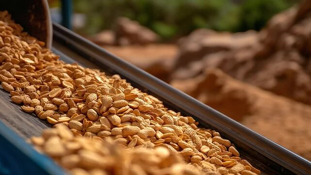 Detailed macro shot of raw groundnuts moving on a conveyor belt, shells showing natural brown hues and rough texture, background filled with piles of harvested peanuts.