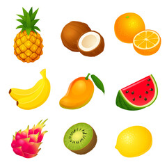 Tropical and Exotic Fruits Collection Colorful Vector Set of Pineapple, Coconut, Orange, Banana, Mango, Watermelon, Dragonfruit Kiwi and Lemon Isolated on White Background