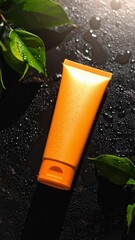  Flat lay of sunscreen lotion bottle on wet dark stone surface. 