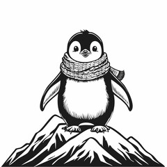 Adorable Penguin Wearing a Cozy Scarf Standing Proudly on a Snowy Mountain Peak Vector