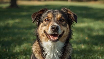 Fototapeta premium Happy mixed breed dog sitting on green grass in sunny park, perfect for pet care, outdoor activities, nature themes, joyful mood, blurred background, natural light, summer vibes, friendship concept