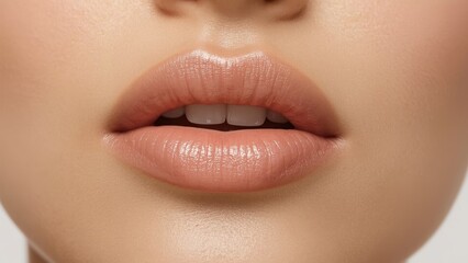 Close-up of sensual soft nude lips slightly parted with smooth skin perfect for beauty advertisement, cosmetics promotion, skincare product, elegant natural makeup, studio lighting, warm tones