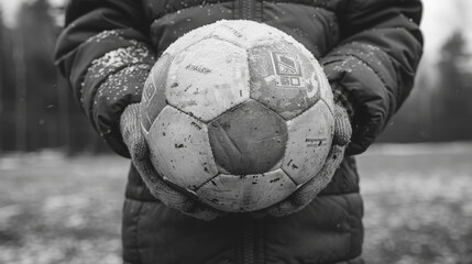 The character is holding the ball in his hands. Black and white style photo.