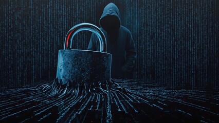 Hacker wearing hoodie working on cybersecurity breach with large padlock in digital matrix background for internet security, data protection, technology, cybercrime, and IT safety concepts