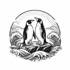Romantic Penguins on a Rock with Ocean Waves Surrounding Them Vector Design
