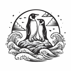 Romantic Penguins on a Rock with Ocean Waves Surrounding Them Vector Design