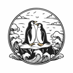 Romantic Penguins on a Rock with Ocean Waves Surrounding Them Vector Design