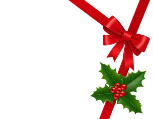 Festive bow and holly corner piece, transparent background