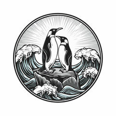 Romantic Penguins on a Rock with Ocean Waves Surrounding Them Vector Design