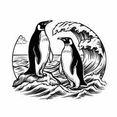 Two Penguins Standing on a Rock by the Sea with Waves Crashing Below