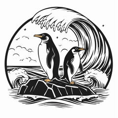 Two Penguins Standing on a Rock by the Sea with Waves Crashing Below