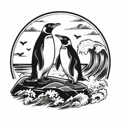 Two Penguins Standing on a Rock by the Sea with Waves Crashing Below