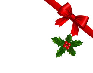 Festive bow and holly corner piece, transparent background 