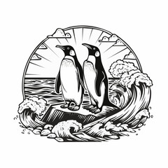 Two Penguins Standing on a Rock by the Sea with Waves Crashing Below