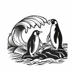 Two Penguins Standing on a Rock by the Sea with Waves Crashing Below