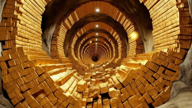 A tunnel interior lined with gold bars creating a visual effect of receding steps and illuminated by ceiling lights and floating orbs (AI Video)