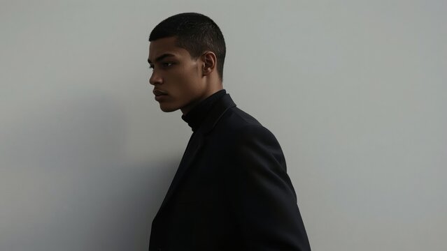 Young man black turtleneck profile portrait standing against gray wall, minimalist fashion concept, editorial style, modern urban vibe, neutral colors, moody atmosphere, professional look, studio bac - Powered by Adobe