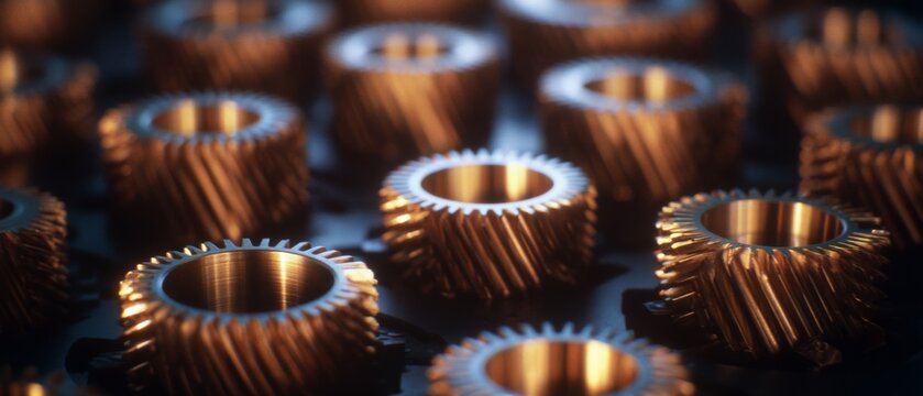 Rows of golden gears create a pattern, highlighting the beauty and precision of mechanical engineering.