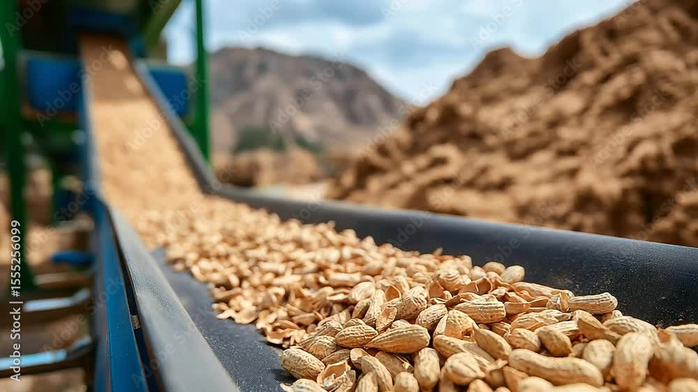 Poster tight shot of raw peanut shells on a conveyor belt, the background softly blurred with large heaps o