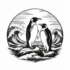 Penguins Standing on Coastal Rock with Sea Waves in Background Vector