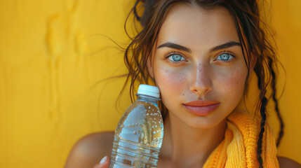 Fitness Girl Holding Water Bottle And Towel Posing On Yellow Studio Background. Empty Space.