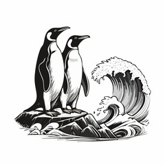 Penguins Standing on Coastal Rock with Sea Waves in Background Vector