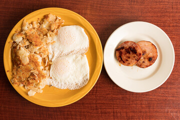 Two eggs, hash browns and Canadian bacon