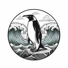 Penguins Standing on Coastal Rock with Sea Waves in Background Vector