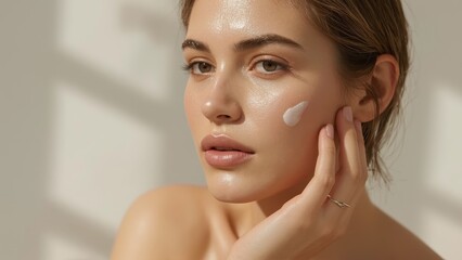 Young woman with clear skin and beige moisturizer cream applying skincare routine, beauty care concept for natural health wellness, close-up portrait with soft sunlight and neutral background