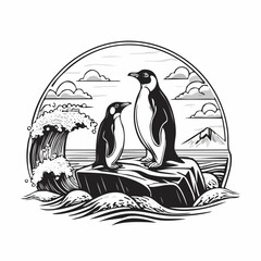 Penguins Standing on Coastal Rock with Sea Waves in Background Vector