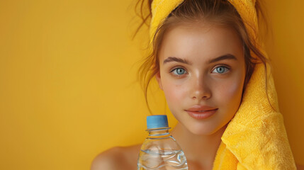 Fitness Girl Holding Water Bottle And Towel Posing On Yellow Studio Background. Empty Space.