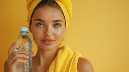 Fitness Girl Holding Water Bottle And Towel Posing On Yellow Studio Background. Empty Space.