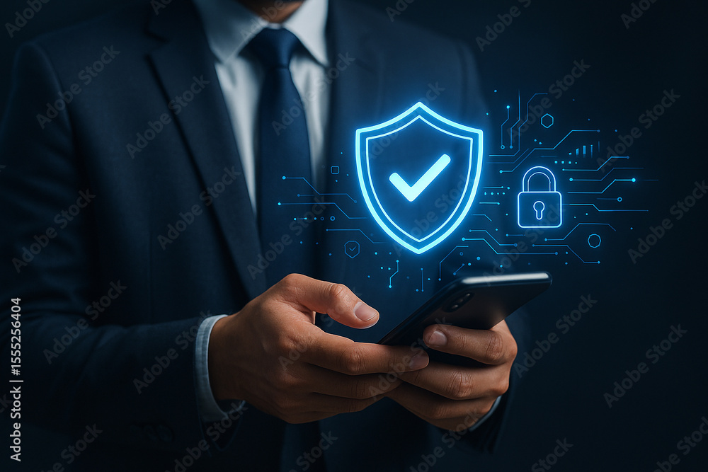 Poster man in suit holding smartphone with digital shield and padlock security overlay on dark background