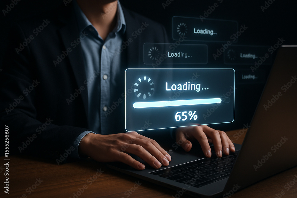 Poster person using laptop with loading bar showing progress at sixty five percent completion in the foregr