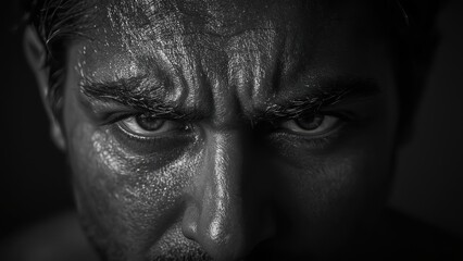 Intense close-up of serious man face with focused eyes in black and white portrait, perfect for emotional, psychology, mental health concepts, dramatic mood, dark background, expressive detail