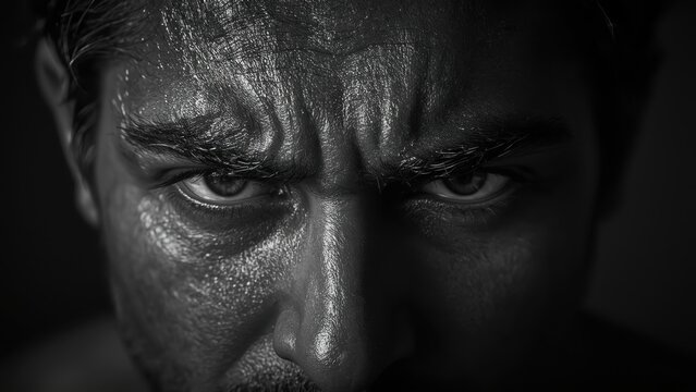 Intense close-up of serious man face with focused eyes in black and white portrait, perfect for emotional, psychology, mental health concepts, dramatic mood, dark background, expressive detail
