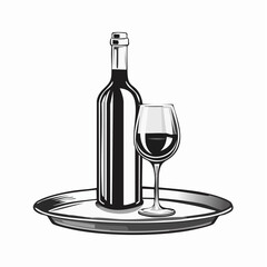 Wine Bottle and Glass on a Tray Image vector isolated on white background.