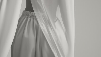 Elegant fabric flowing over white skirt, close-up of modern fashion garment, suitable for clothing design, textile art, minimalistic background, soft lighting, sophisticated style photography