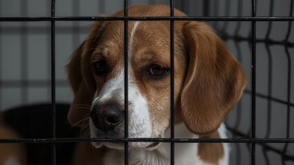 Sad beagle dog behind metal cage looking outside, pet adoption concept, animal shelter environment, indoor lighting, emotional mood, captivity theme, rescue campaign image