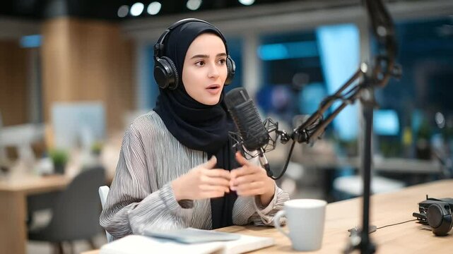 Young woman in hijab with passion in her voice, captured mid-podcast, gesturing while seated in a soundproofed corner office. A cup of coffee, journal, and tech gear are neatly arr